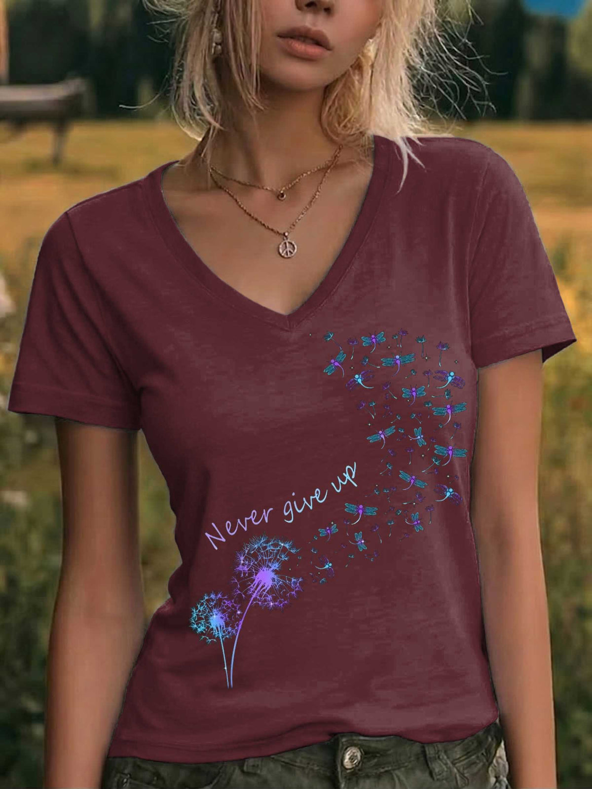 Never Give Up Suicide Prevention Awareness V-neck Casual T-shirt