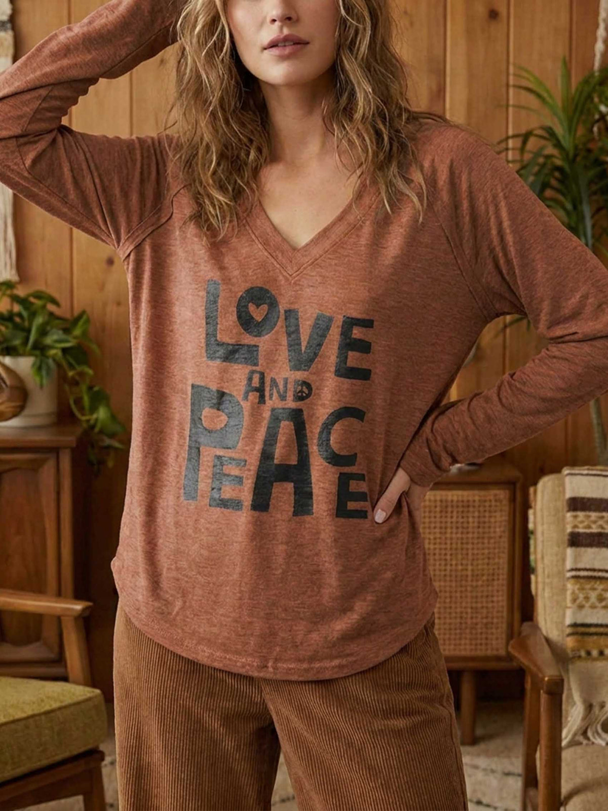 Women's Love And Peace Print Casual V Neck Long Sleeve Tops