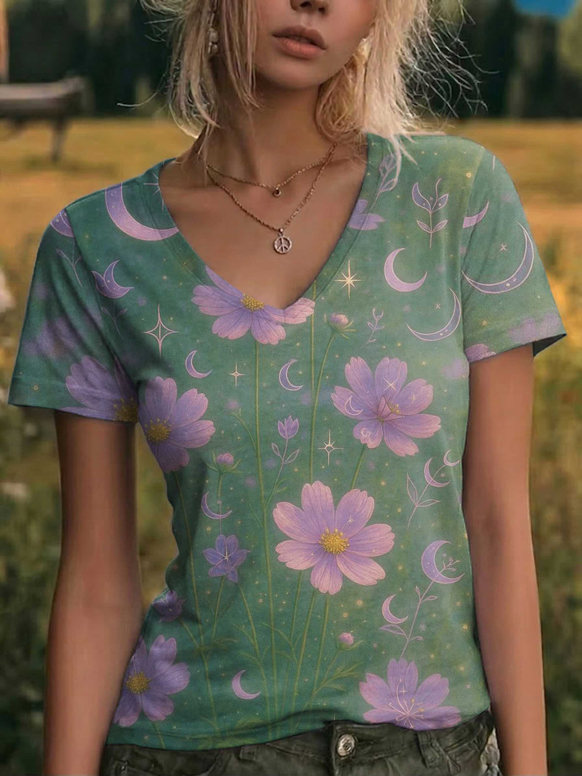 Floral V-neck Casual T-shirt