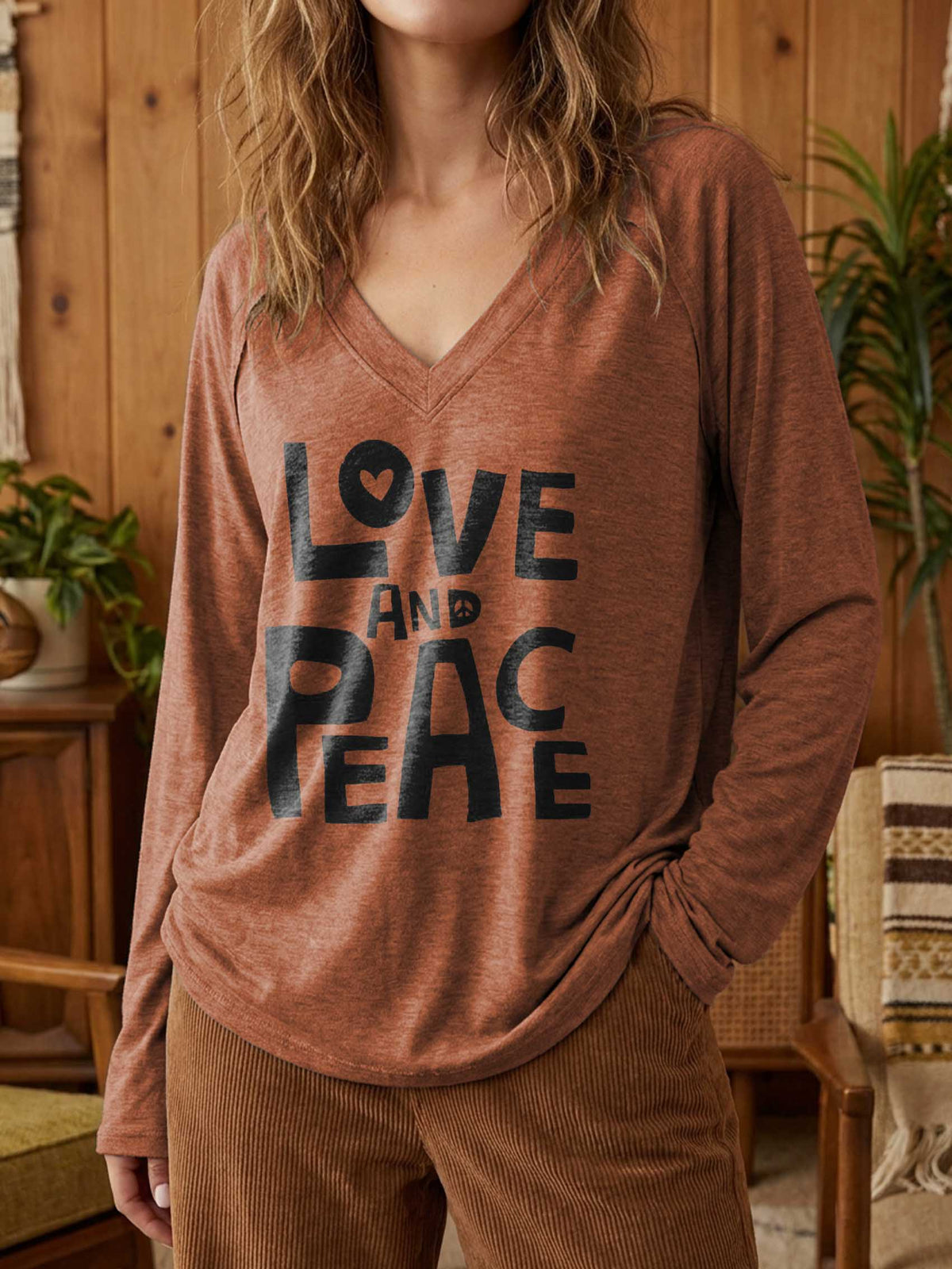Women's Love And Peace Print Casual V Neck Long Sleeve Tops