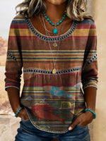 Women's Retro Fish Art Patchwork Denim Print Casual 3/4 Sleeves Hollow Denim Shirt