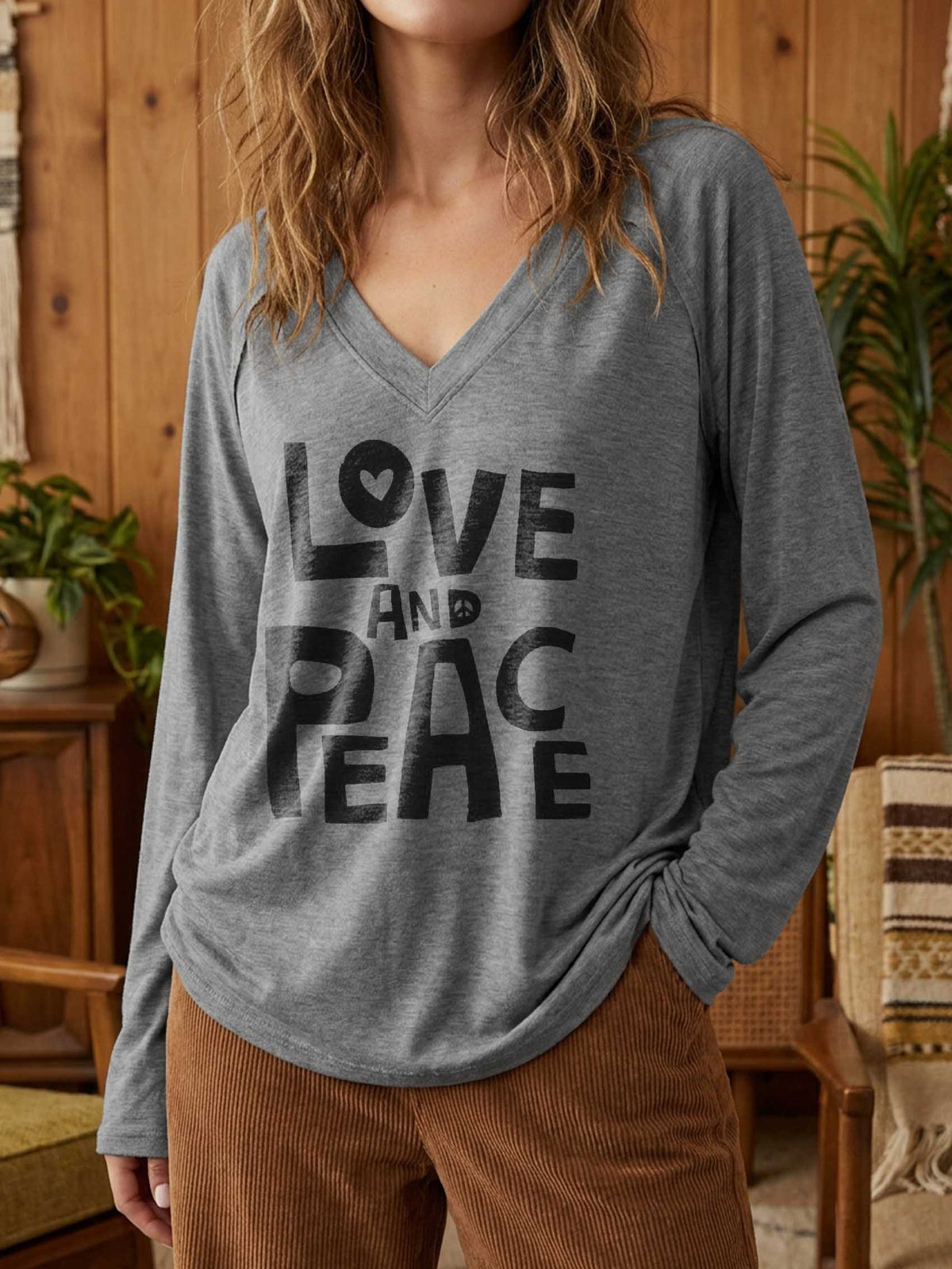 Women's Love And Peace Print Casual V Neck Long Sleeve Tops