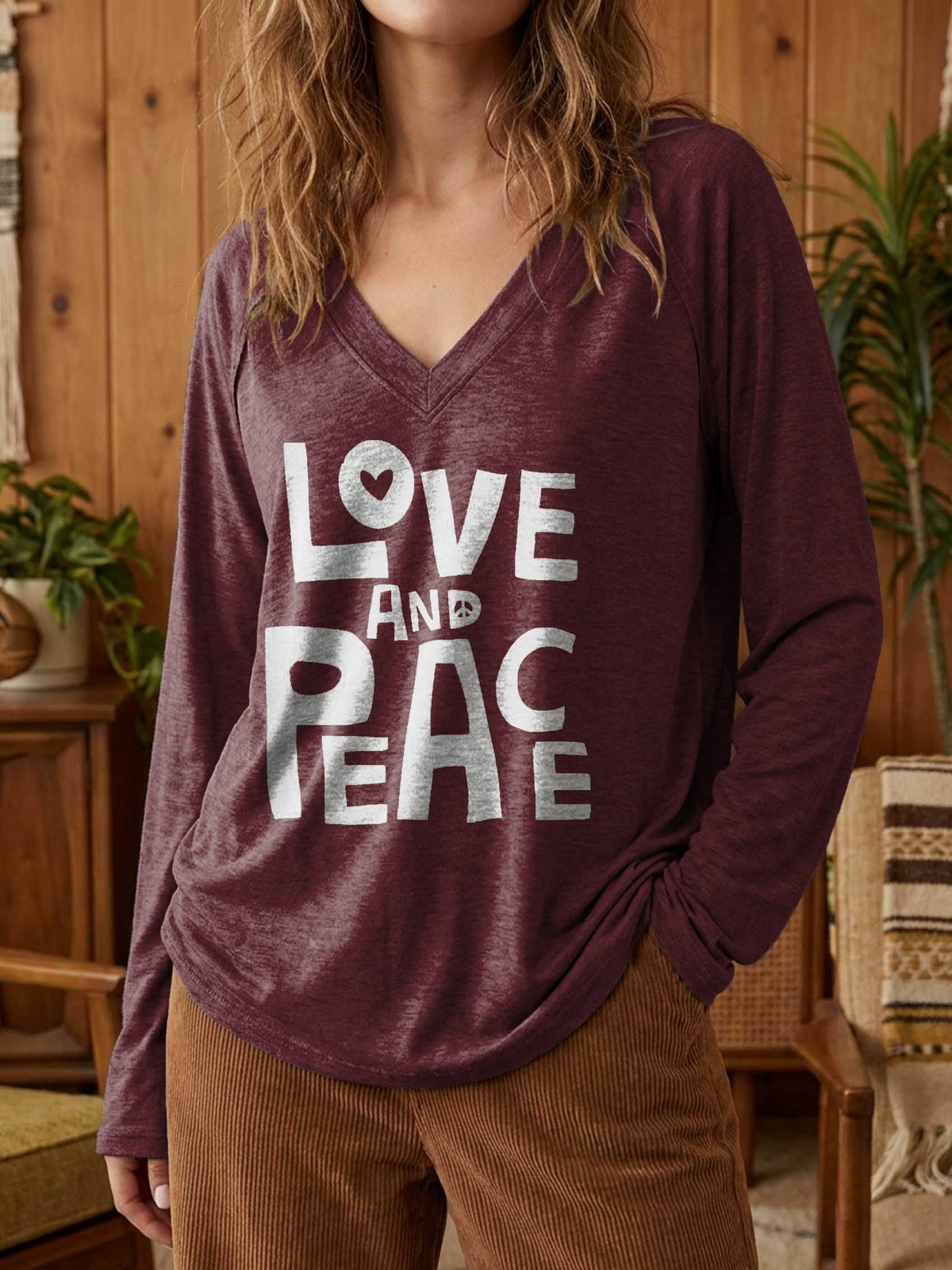 Women's Love And Peace Print Casual V Neck Long Sleeve Tops