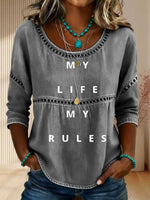 Women's My Life My Rules Print Casual 3/4 Sleeves Hollow Denim Shirt