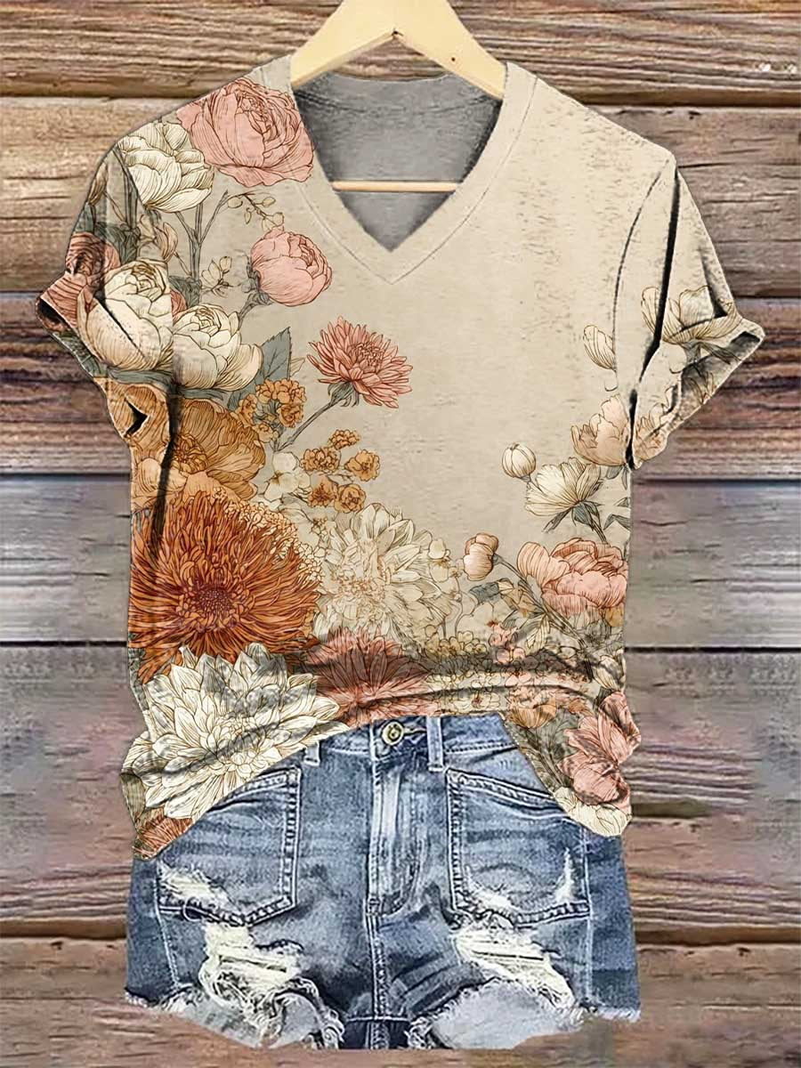 Floral V- Neck Casual T-shirt