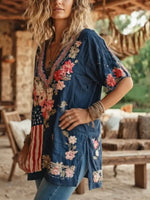 Women's Floral Independence Day Contrast Commemorative Print Shirt