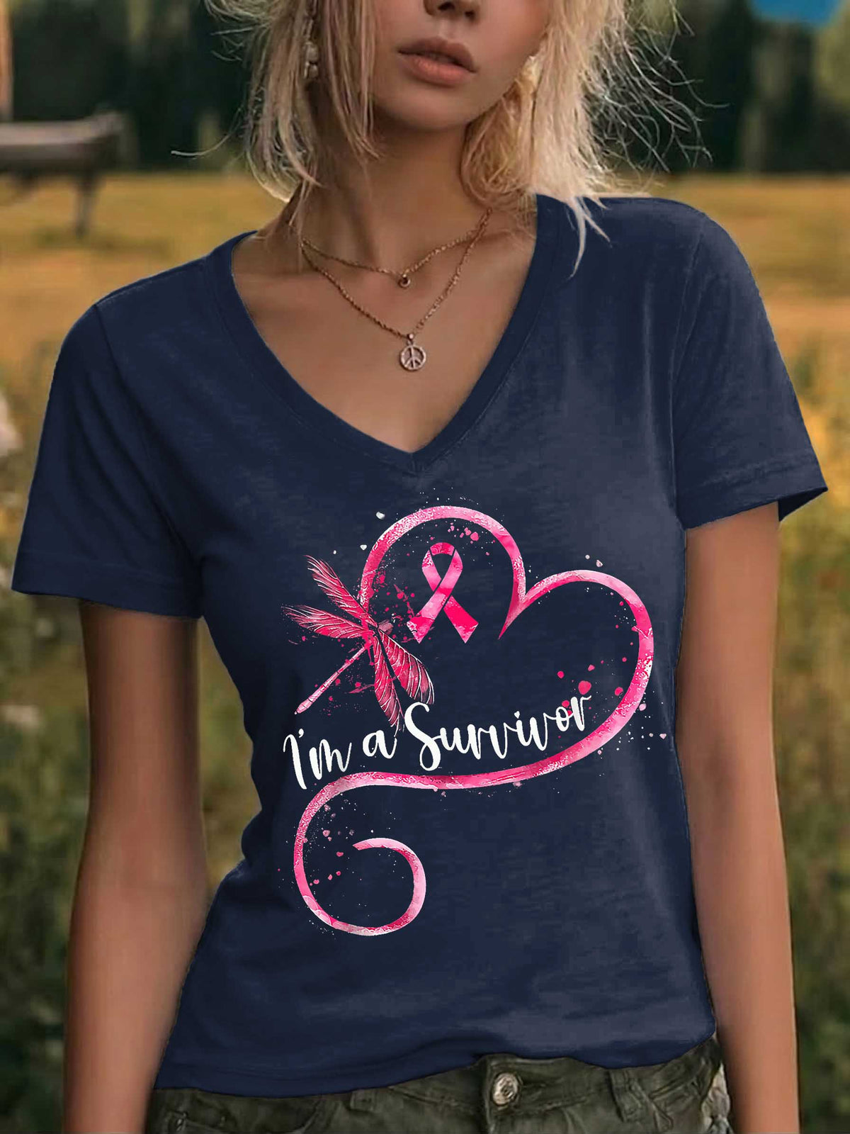 I'm A Survivor Dragonfly V-neck Casual T-shirt