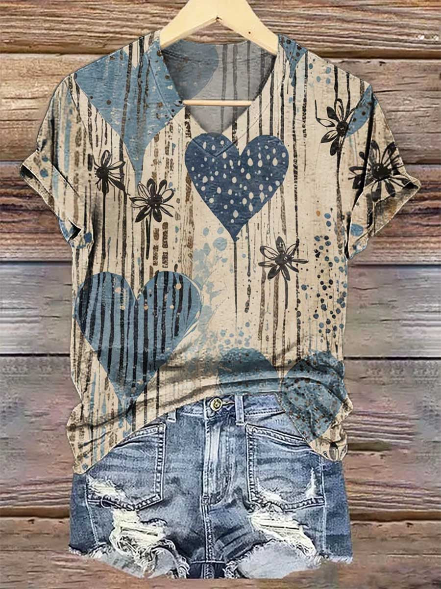 Floral Heart V- Neck Casual T-shirt