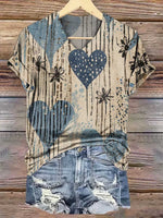 Floral Heart V- Neck Casual T-shirt