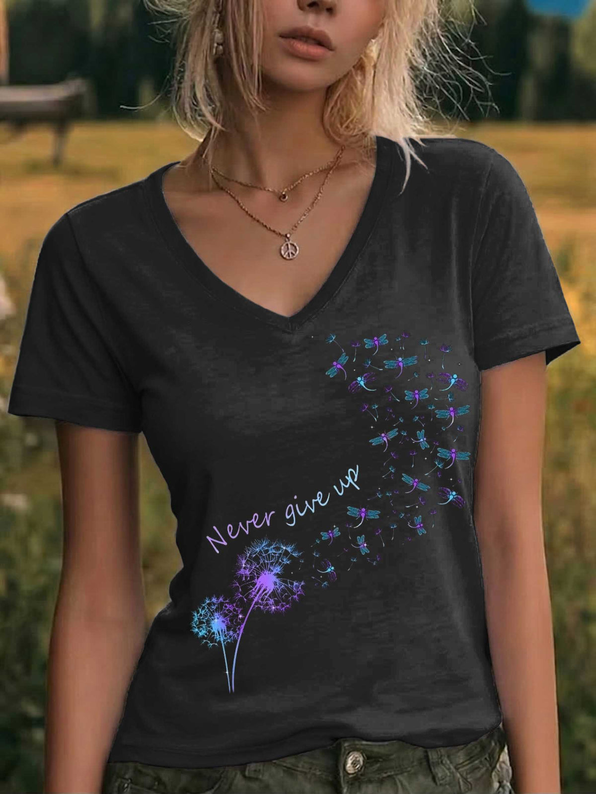 Never Give Up Suicide Prevention Awareness V-neck Casual T-shirt