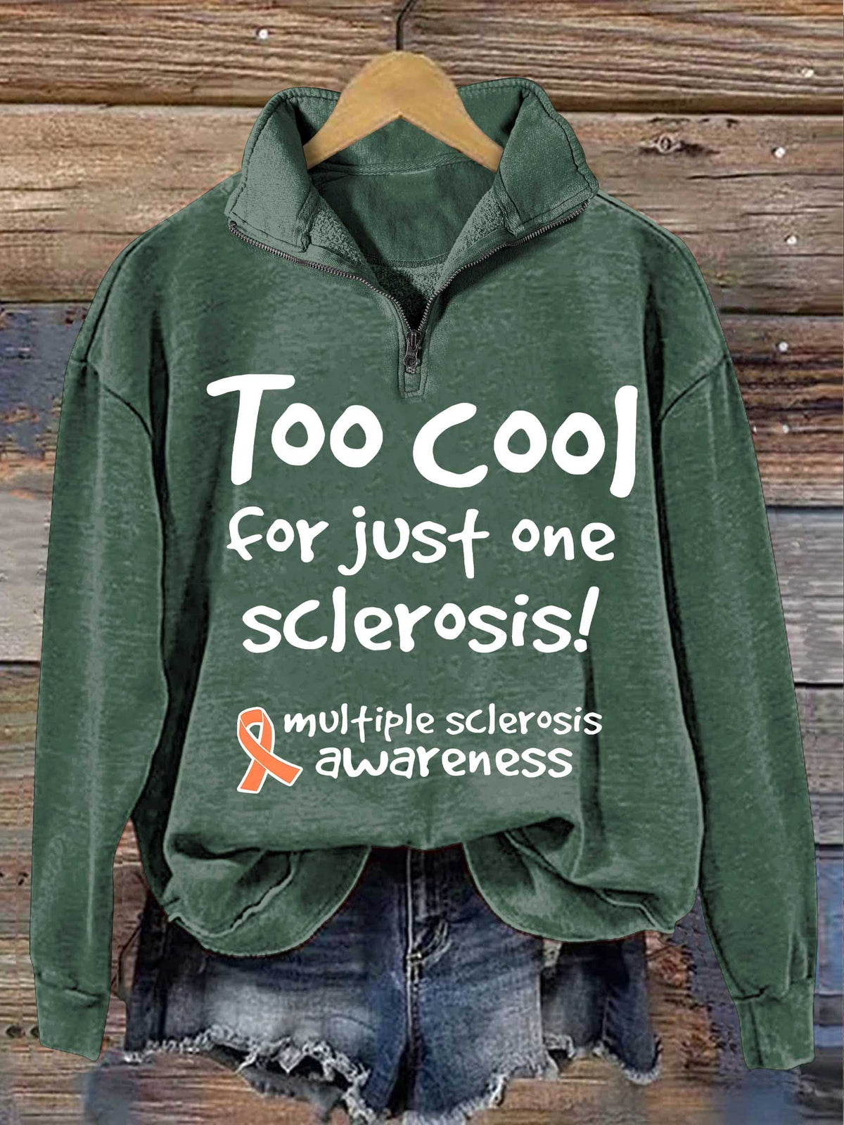 Too Cool For Just One Sclerosis! Ms Awareness Multiple Sclerosis Warrior Multiple Sclerosis Orange Ribbon Casual Long Sleeve Zip Sweatshirt