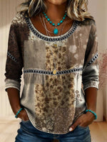 Women's Retro Floral Art Patchwork Denim Print Casual 3/4 Sleeves Hollow Denim Shirt