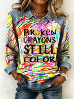 Women's Casual Broken Crayons Still Color Patchwork Denim Sweatshirt