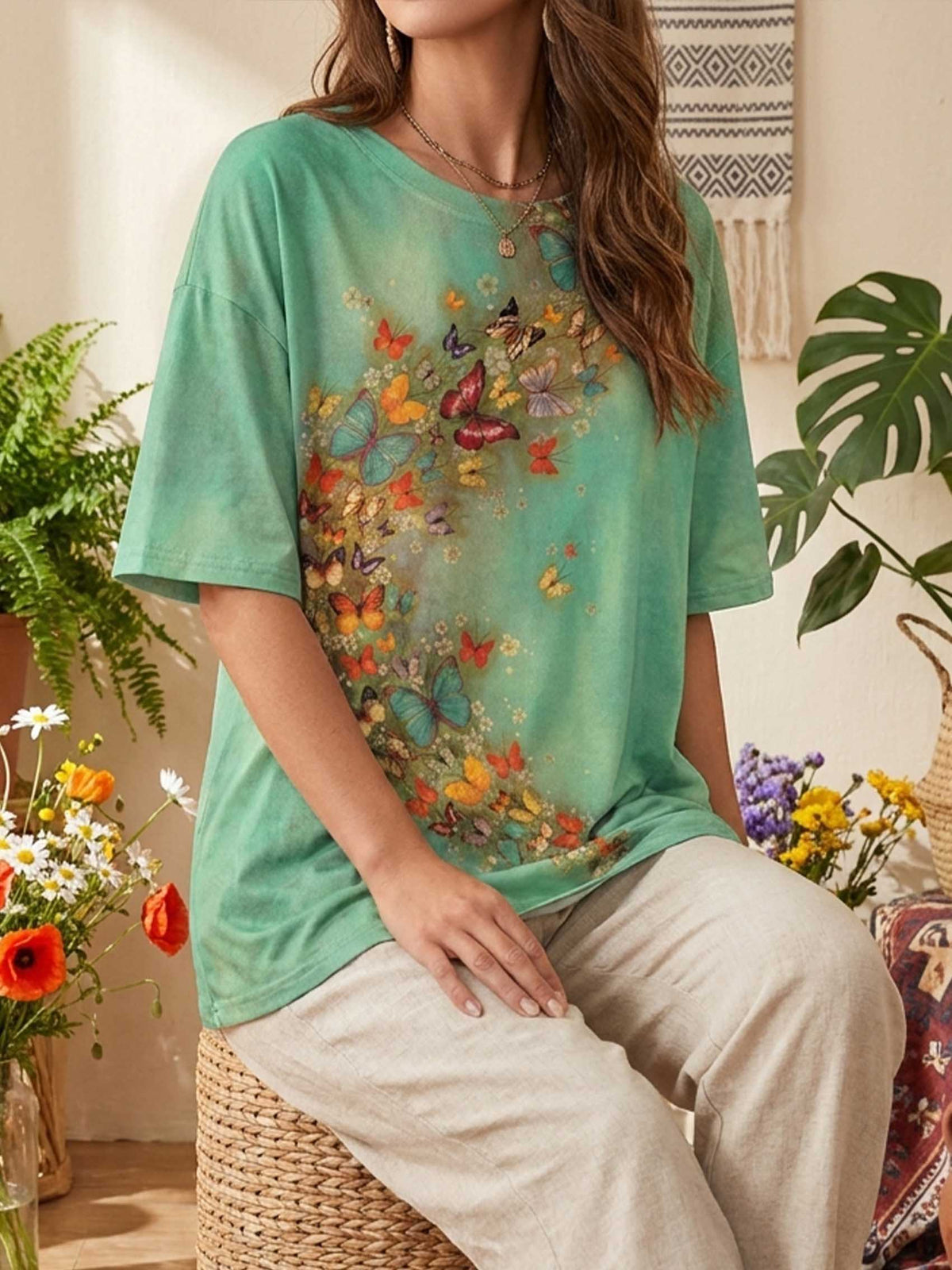 Butterflies Floral Print T-shirt