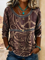 Women's Retro Peace Sign Art Patchwork Denim Print Casual 3/4 Sleeves Hollow Denim Shirt