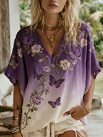 Women's Retro Pastoral Purple Floral Print Casual Top