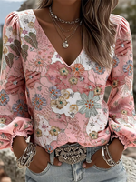 Women's Purple Floral Print V- Neck Shirt
