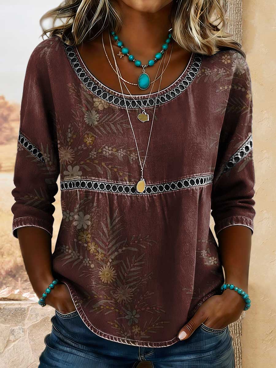 Women's Retro Floral Art Print Casual 3/4 Sleeves Hollow Denim Shirt