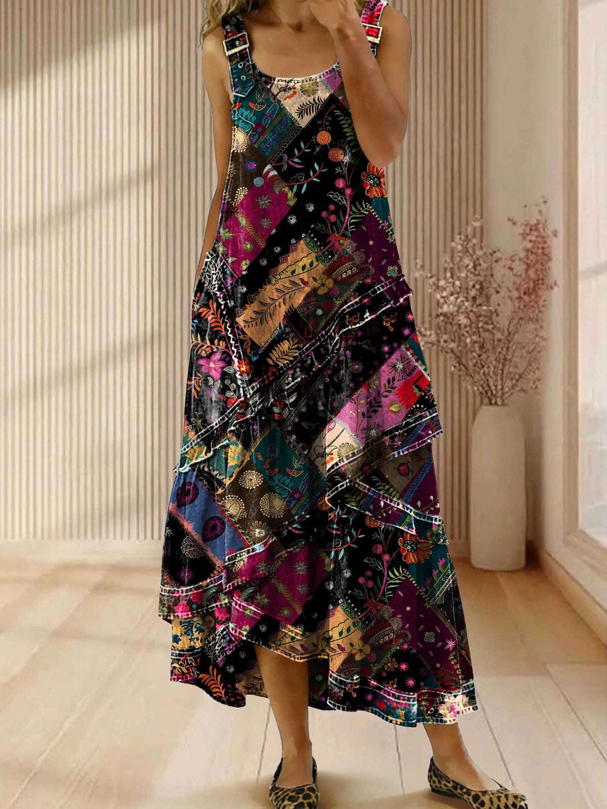 Vintage Floral Print Sleeveless Multi-layered Ruffled Strap Dress