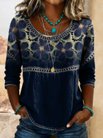 Women's Retro Floral Art Print Casual 3/4 Sleeves Hollow Denim Shirt