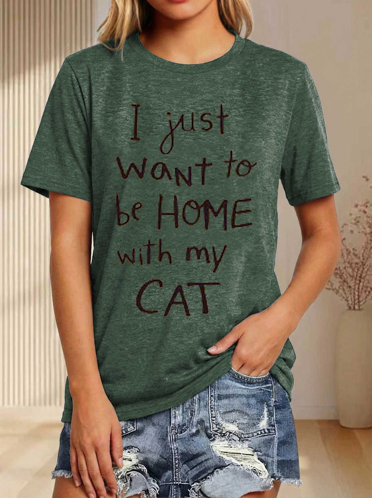 I Just Want To Be Home With My Cat Print T-shirt