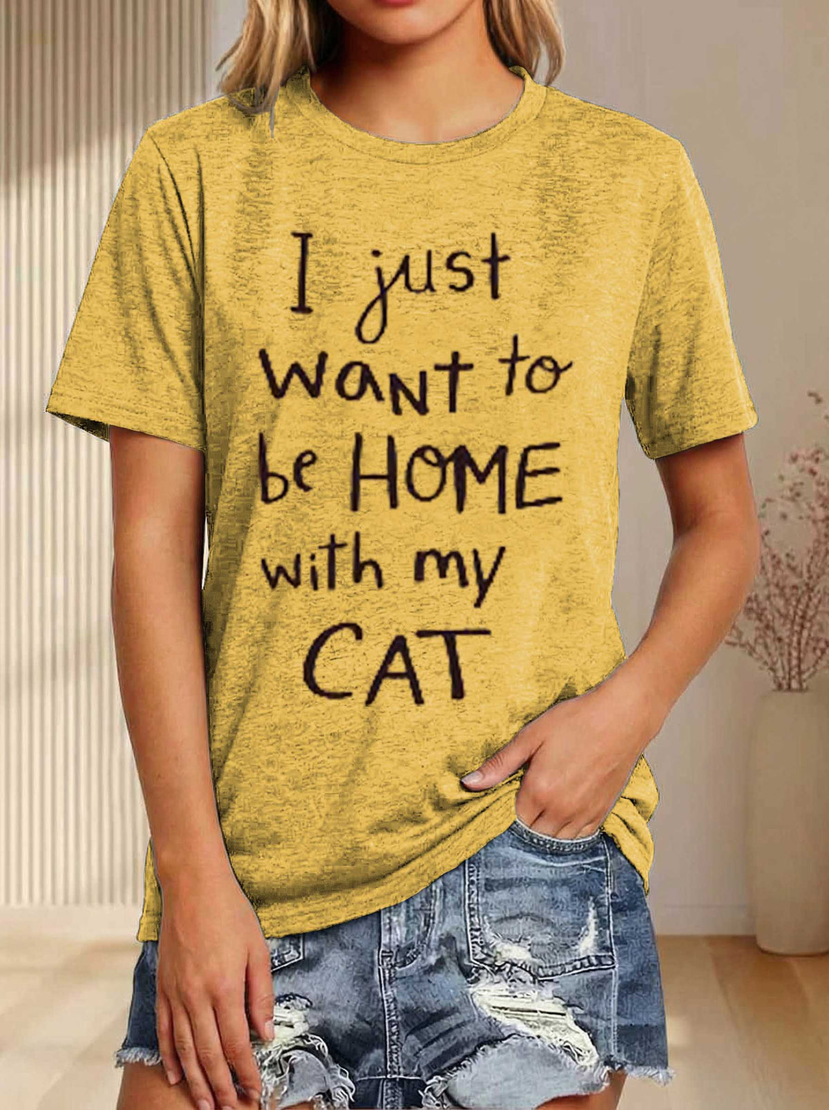 I Just Want To Be Home With My Cat Print T-shirt