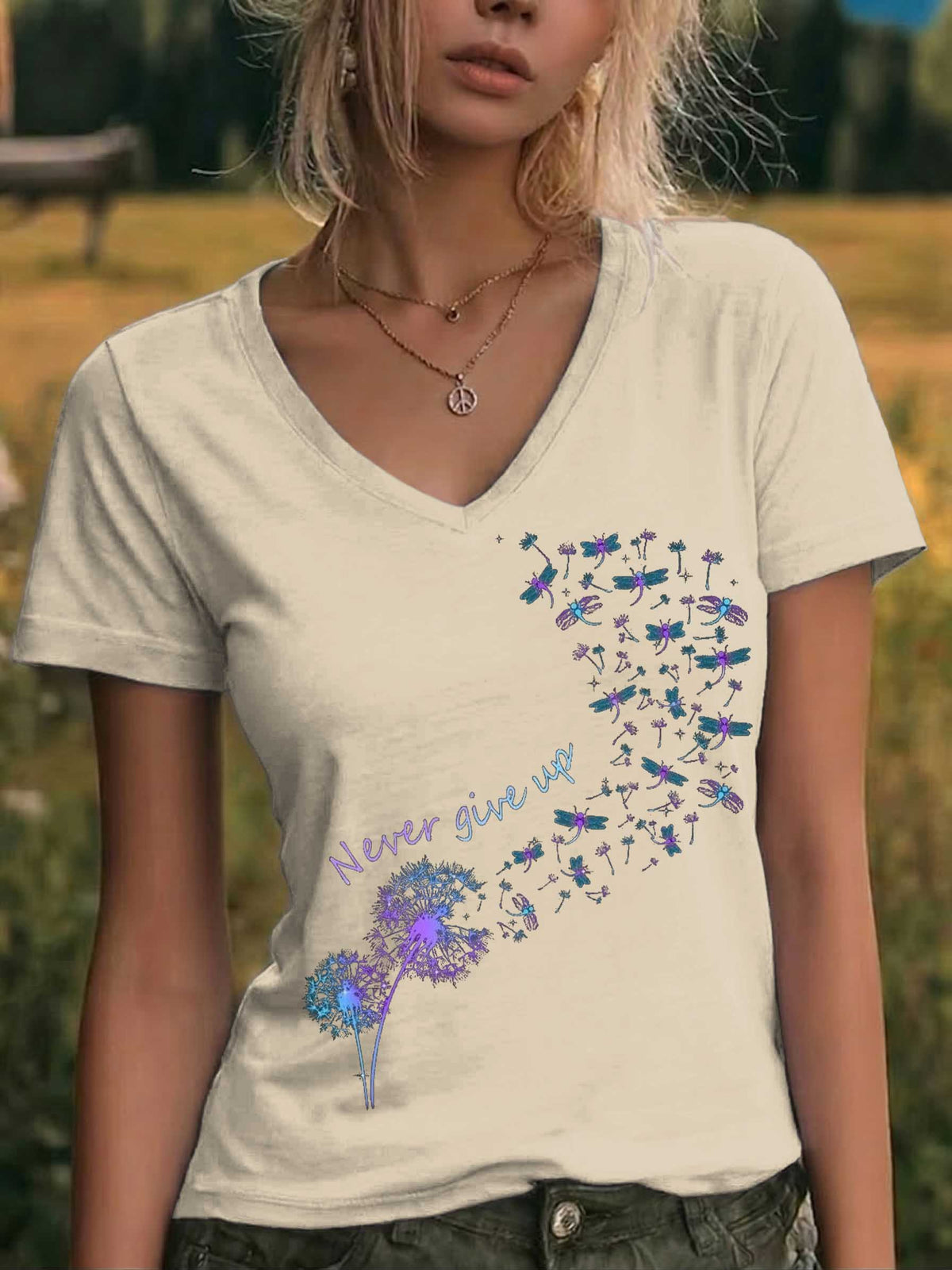 Never Give Up Suicide Prevention Awareness V-neck Casual T-shirt