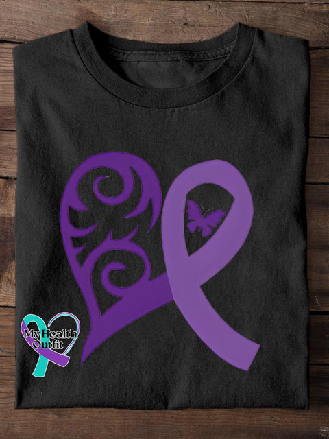 Pancreatic Cancer Awareness Butterfly Purple Ribbon Casual Print T-Shirt Black / S