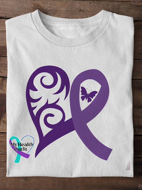Pancreatic Cancer Awareness Butterfly Purple Ribbon Casual Print T-Shirt White / S