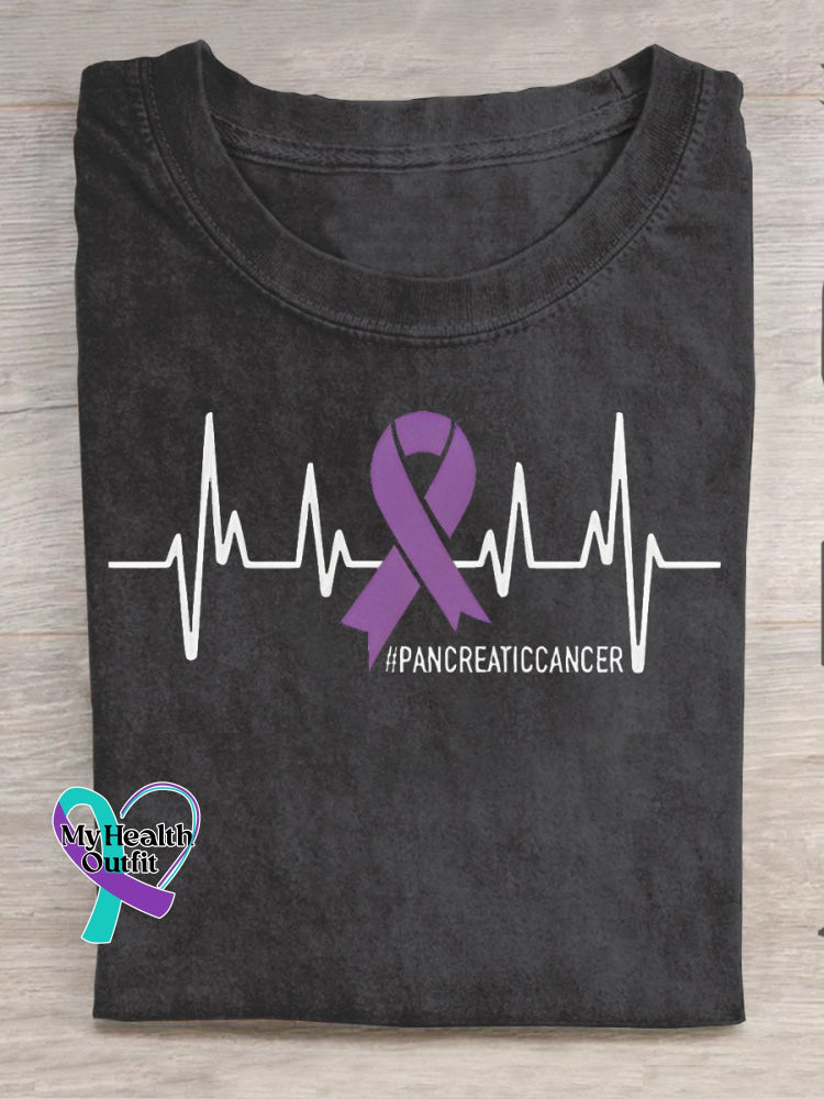 Pancreatic Cancer Awareness Ekg Purple Ribbon Casual Print T-Shirt Black / S