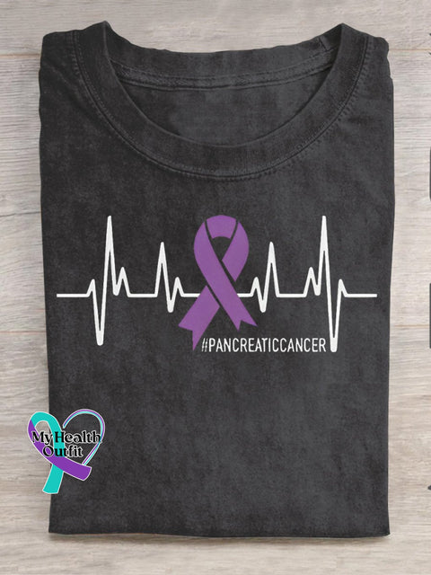 Pancreatic Cancer Awareness Ekg Purple Ribbon Casual Print T-Shirt Black / S