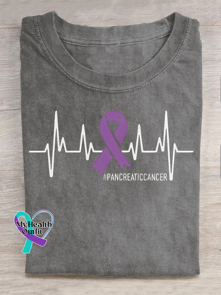Pancreatic Cancer Awareness Ekg Purple Ribbon Casual Print T-Shirt Gray / S