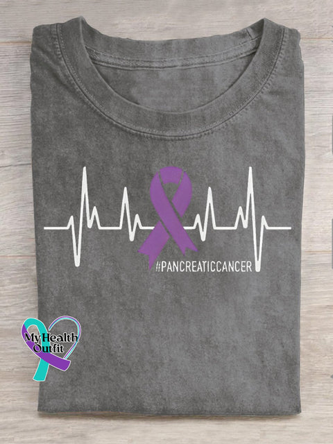 Pancreatic Cancer Awareness Ekg Purple Ribbon Casual Print T-Shirt Gray / S