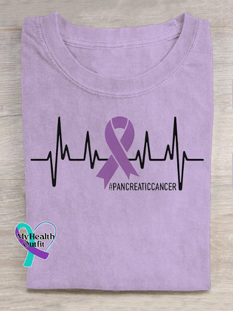 Pancreatic Cancer Awareness Ekg Purple Ribbon Casual Print T-Shirt / S