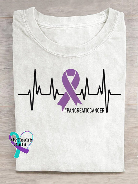 Pancreatic Cancer Awareness Ekg Purple Ribbon Casual Print T-Shirt White / S