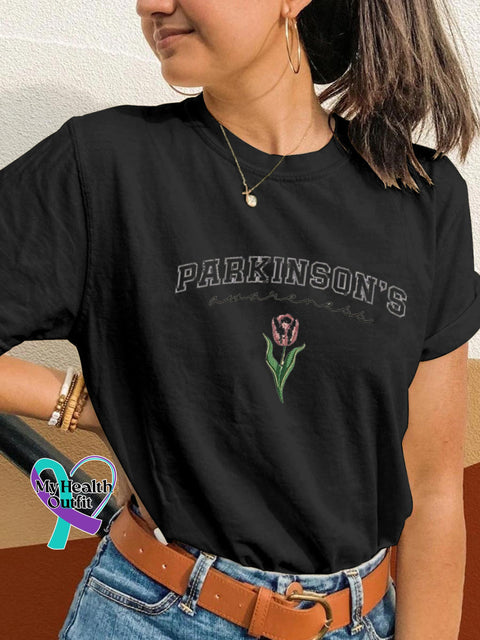 Parkinson’s Awareness Tulip Print Casual Round Neck Short Sleeve T-Shirt Black / S