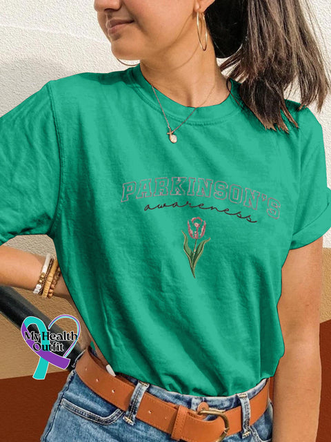 Parkinson’s Awareness Tulip Print Casual Round Neck Short Sleeve T-Shirt Green / S