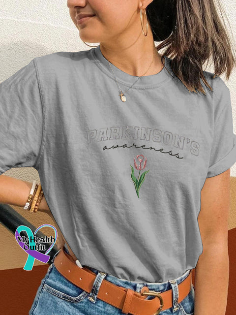 Parkinson’s Awareness Tulip Print Casual Round Neck Short Sleeve T-Shirt Grey / S