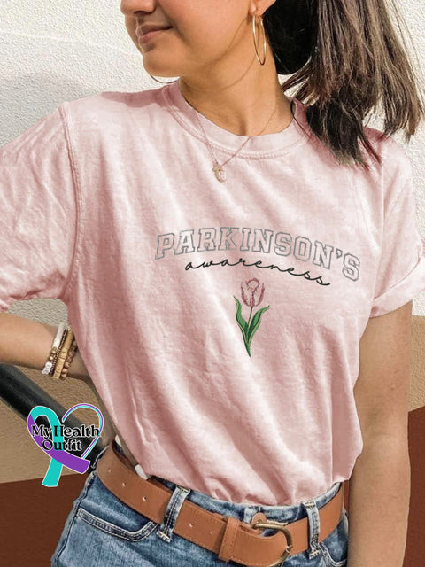 Parkinson’s Awareness Tulip Print Casual Round Neck Short Sleeve T-Shirt Pink / S