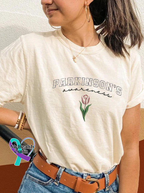 Parkinson’s Awareness Tulip Print Casual Round Neck Short Sleeve T-Shirt White / S