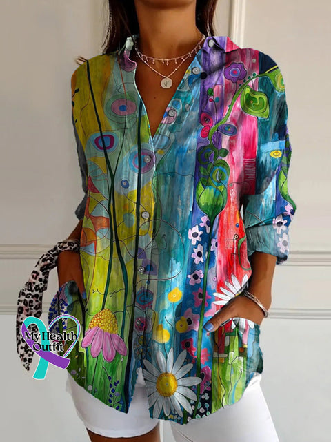 Patchwork Rainbow Floral Print Casual Cotton Shirt Multicolor / S