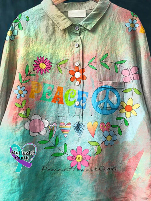 Peace And Love Art Pattern Print Casual Cotton Linen Shirt