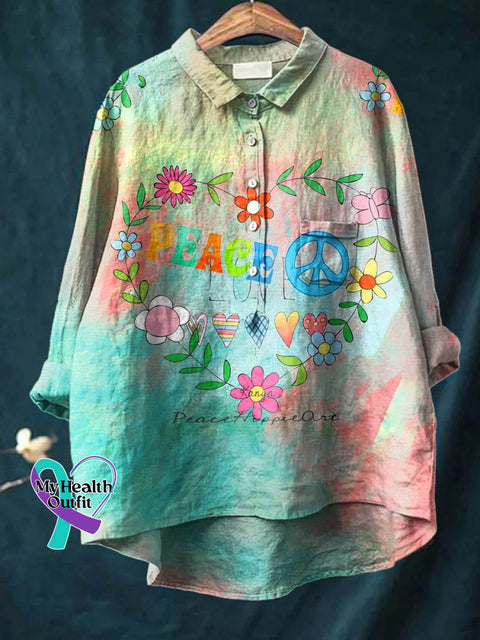 Peace And Love Art Pattern Print Casual Cotton Linen Shirt Multicolor / S