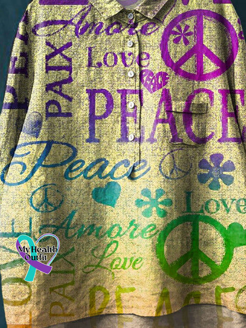 Peace And Love Art Print Casual Cotton Linen Shirt
