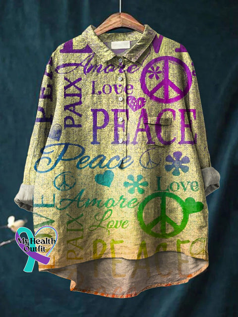 Peace And Love Art Print Casual Cotton Linen Shirt Multicolor / S
