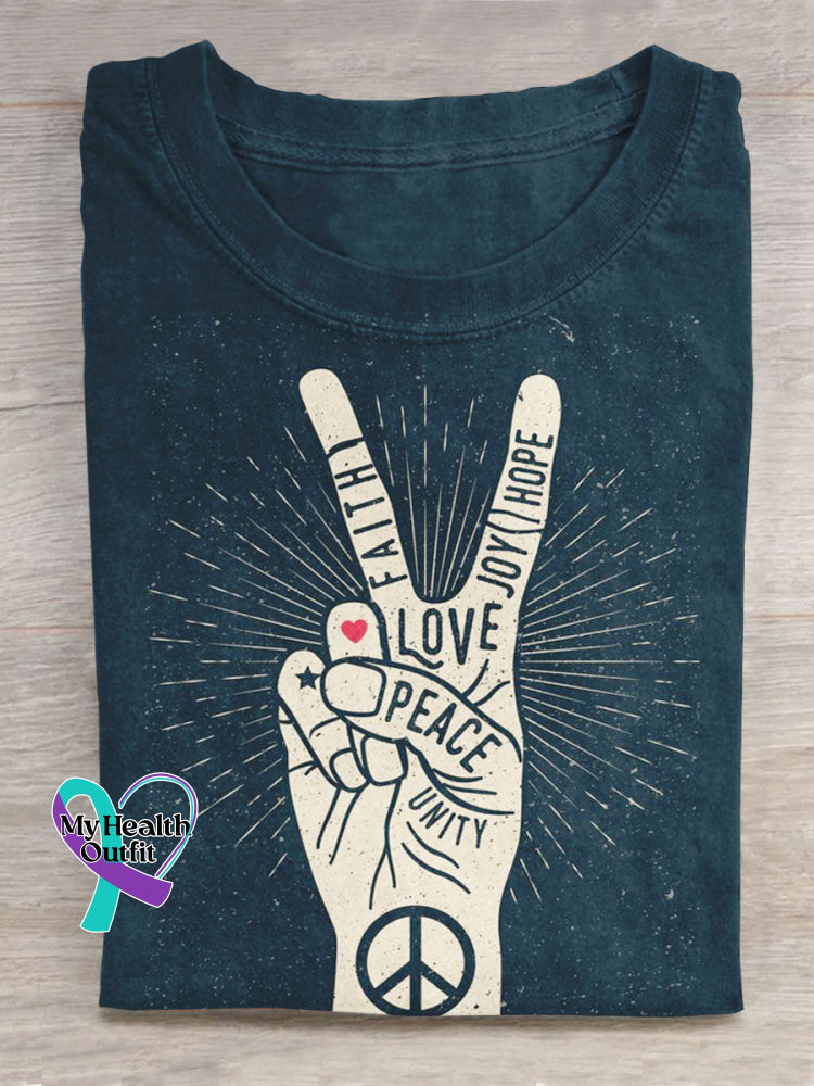Peace And Love Art Print Casual Cotton T-shirt Blue / S