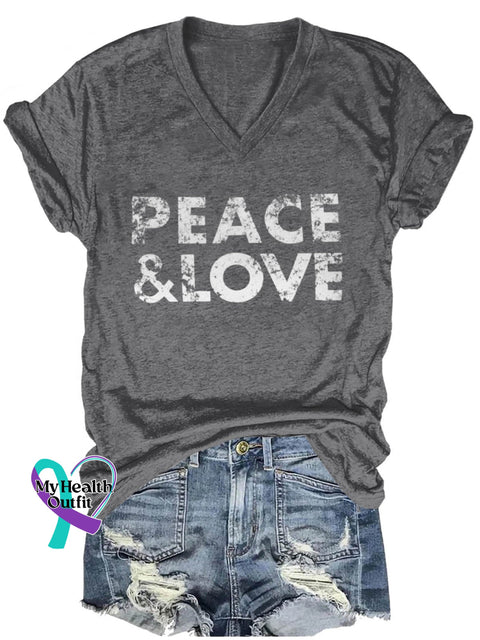 Peace And Love Art Print Casual V-Neck T-Shirt Grey / S
