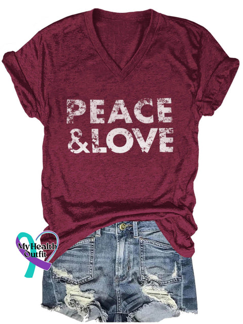 Peace And Love Art Print Casual V-Neck T-Shirt Maroon / S