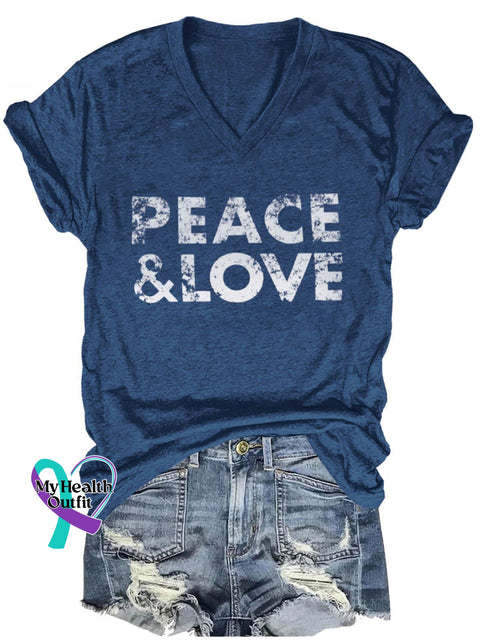 Peace And Love Art Print Casual V-Neck T-Shirt Navy Blue / S