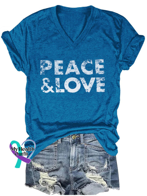 Peace And Love Art Print T-Shirt V-Neck/Blue / S